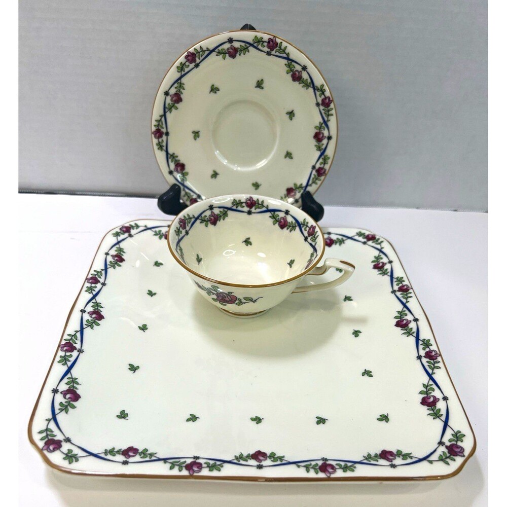 Royal Worcester The Riga 1915 square Tennis Tray Saucer Set Gold Trim Antique